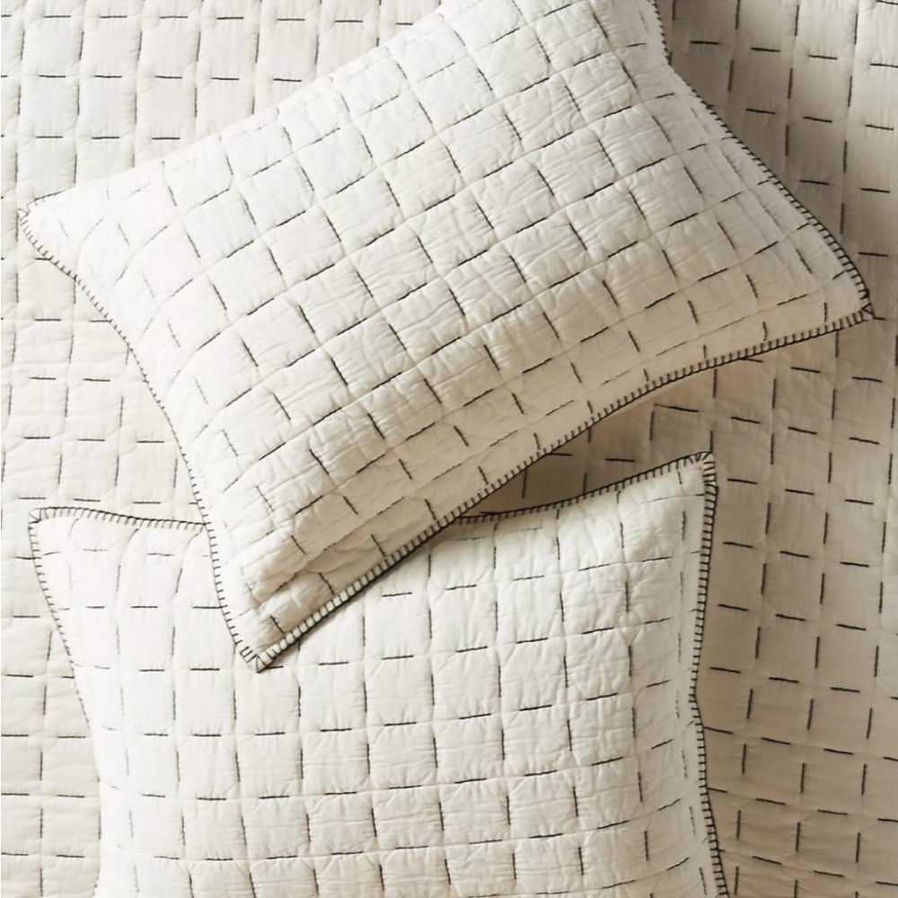 Anthropologie Juliette Kantha Stitch Euro Sham 26x26 Ivory Cotton NWOT